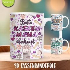 DL 3D Puff Tassenbanderole Beste Katzen Mama / BW